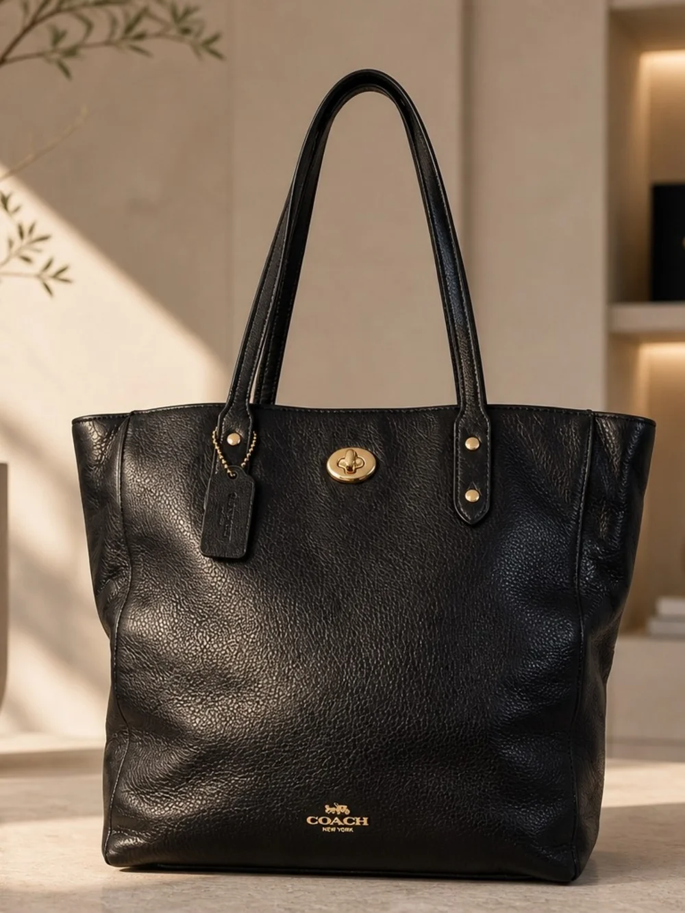 Coach F12484 Black Pebbled Leather Turnlock Carryall Stachel Tote  Purse